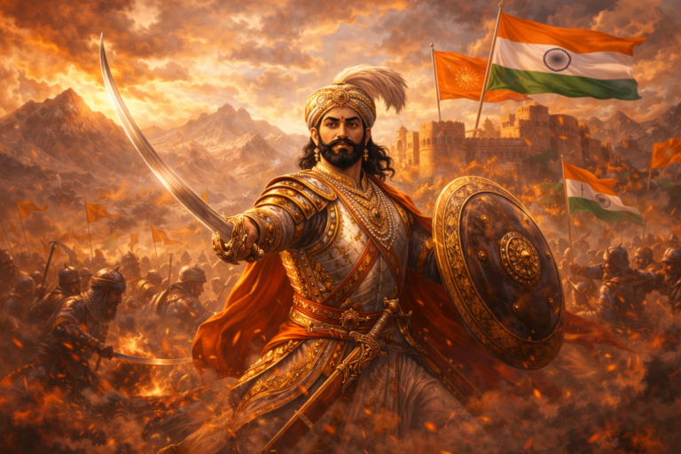 Chhatrapati Shivaji Maharaj in Maratha armor leading a heroic battle, holding sword and shield with Indian tricolor flag in the background